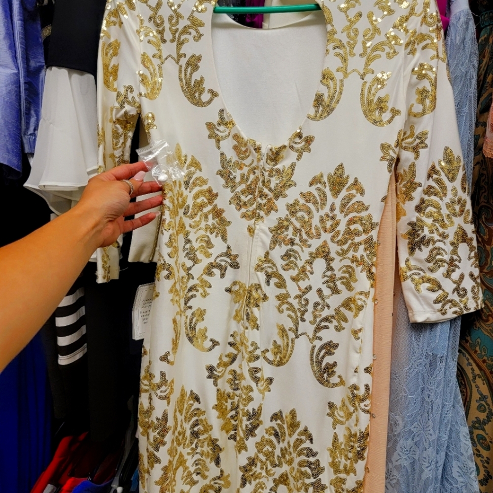 White dress with gold sequin
